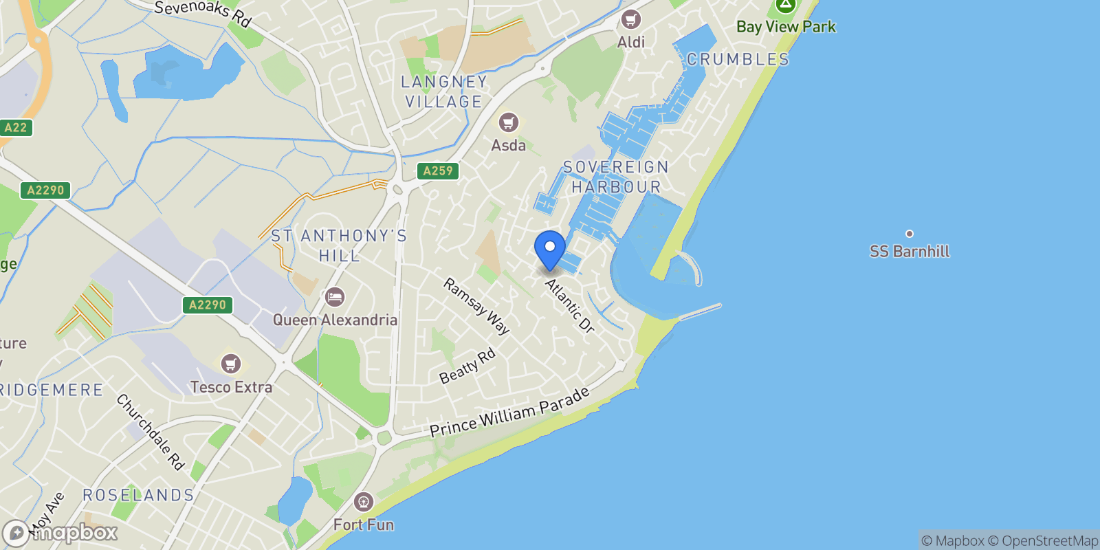 Map showing 21 Windward Quay, Eastbourne, BN23 5UE, Eastbourne, England, United Kingdom.