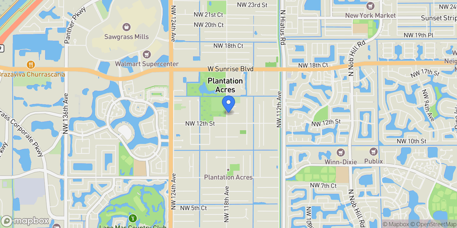 Map showing 11750 NW 15th Street, Plantation, FL 33323, Plantation, Florida, United States.