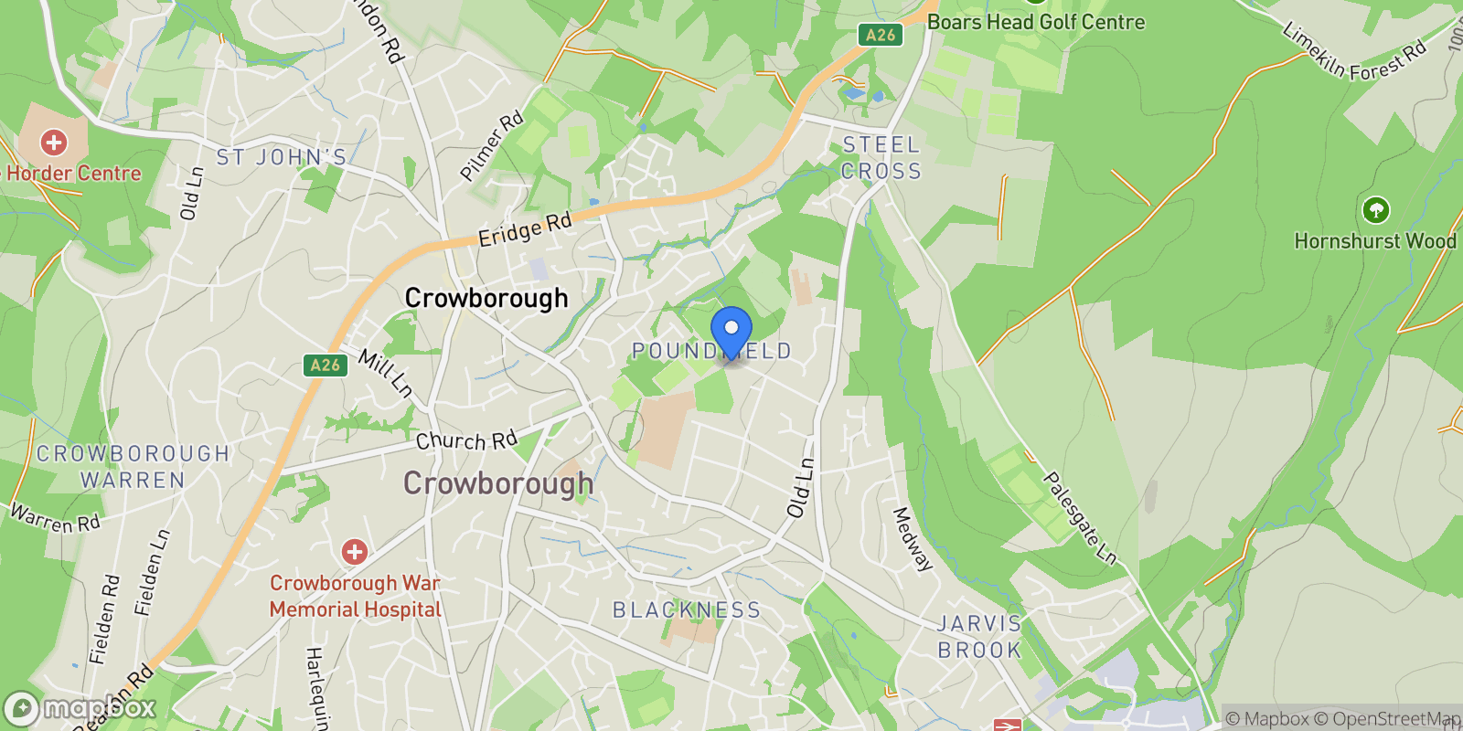 Map showing Soames Cottage Poundfield Road, Crowborough, TN6 2BE, Crowborough, England, United Kingdom.