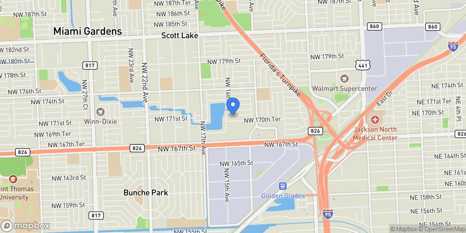 Map showing 1380 NW 171 Street, Miami Gardens, FL 33169, Miami Gardens, Florida, United States.