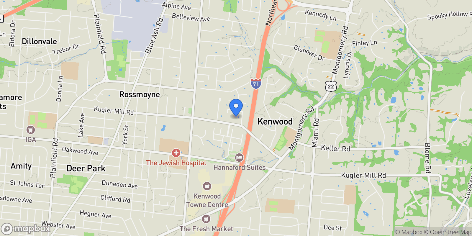 Map showing 5760 Kugler Mill Road, Sycamore Twp, OH 45236, Cincinnati, Ohio, United States.