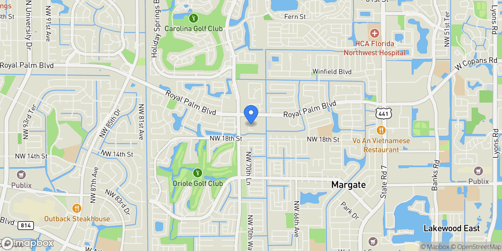 Map showing 6972 NW 19th St, Margate, FL 33063, Margate, Florida, United States.
