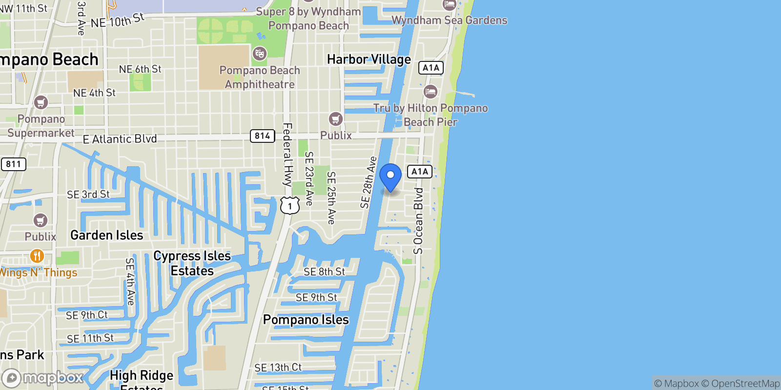 Map showing 608 S Riverside Dr, Pompano Beach, FL 33062, Hillsboro Beach, Florida, United States.