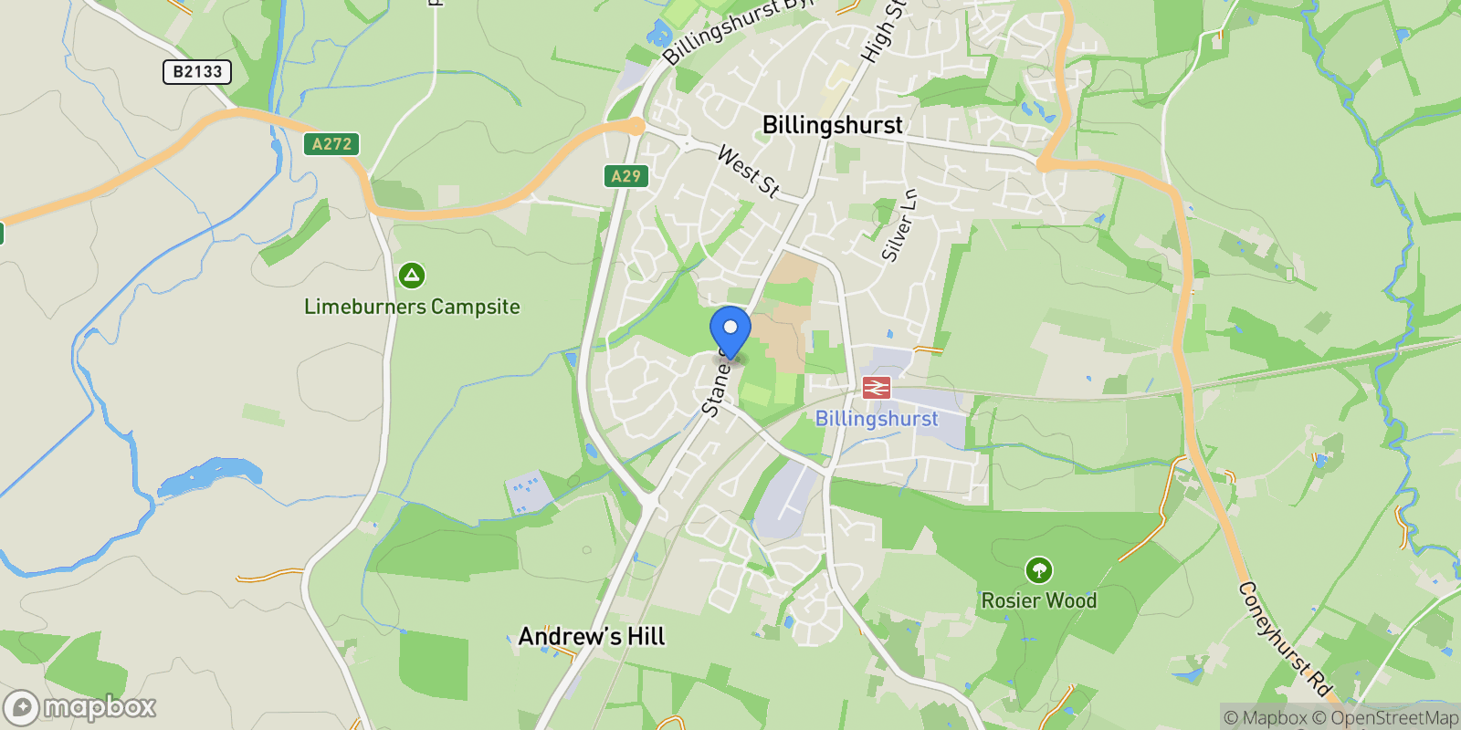 Map showing 8 Hurstlands, Billingshurst, RH14 9EE, Billingshurst, England, United Kingdom.