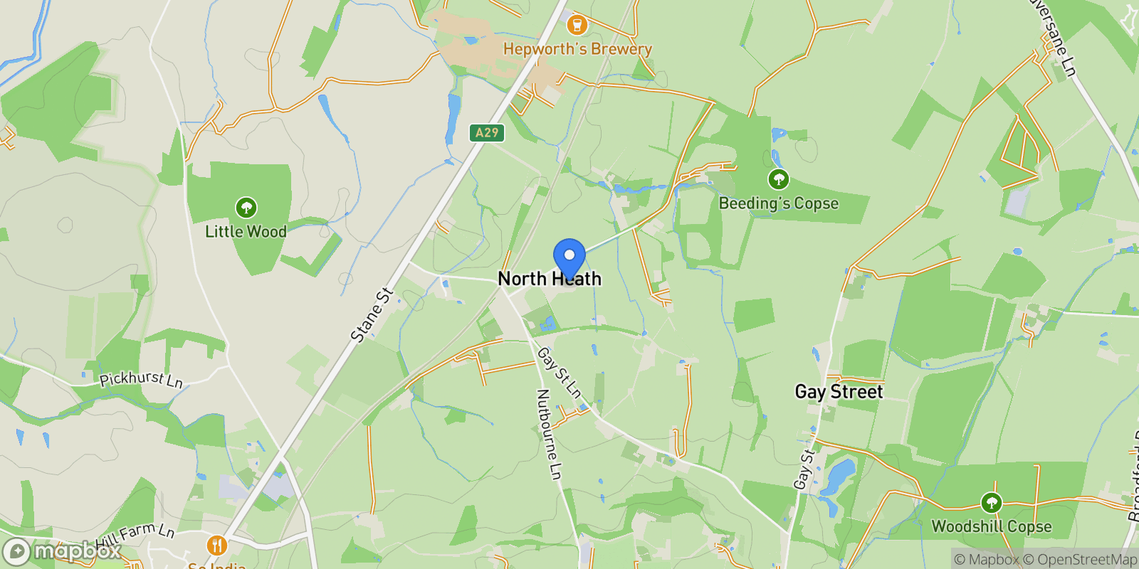 Map showing Howick Stall House Lane, North Heath, Pulborough, RH20 2HR, North Heath, England, United Kingdom.