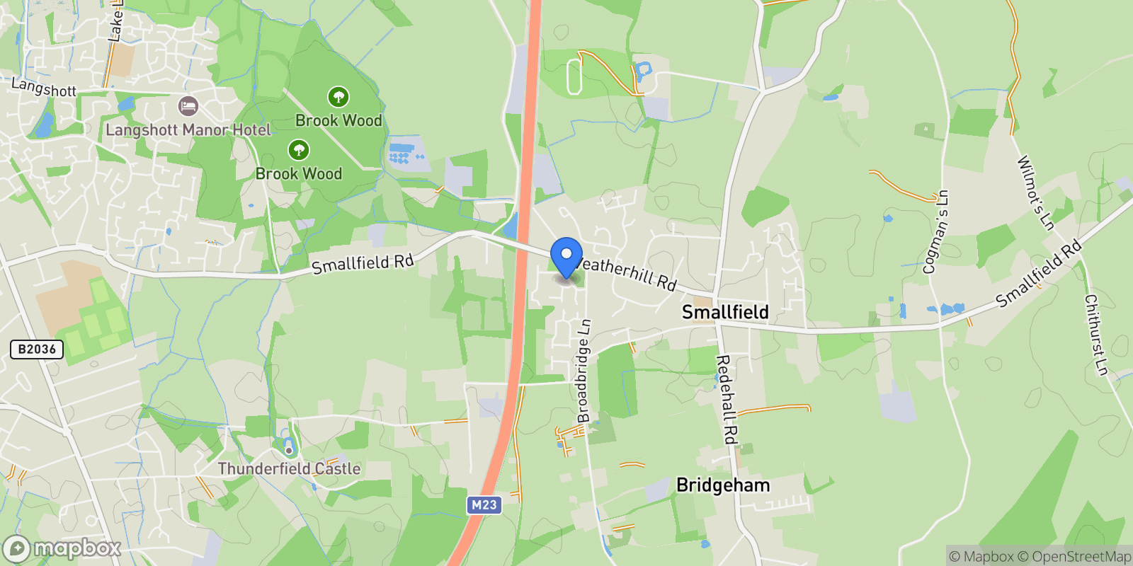 Map showing 2 Grasslands, Smallfield, Horley, RH6 9NU, Smallfield, England, United Kingdom.