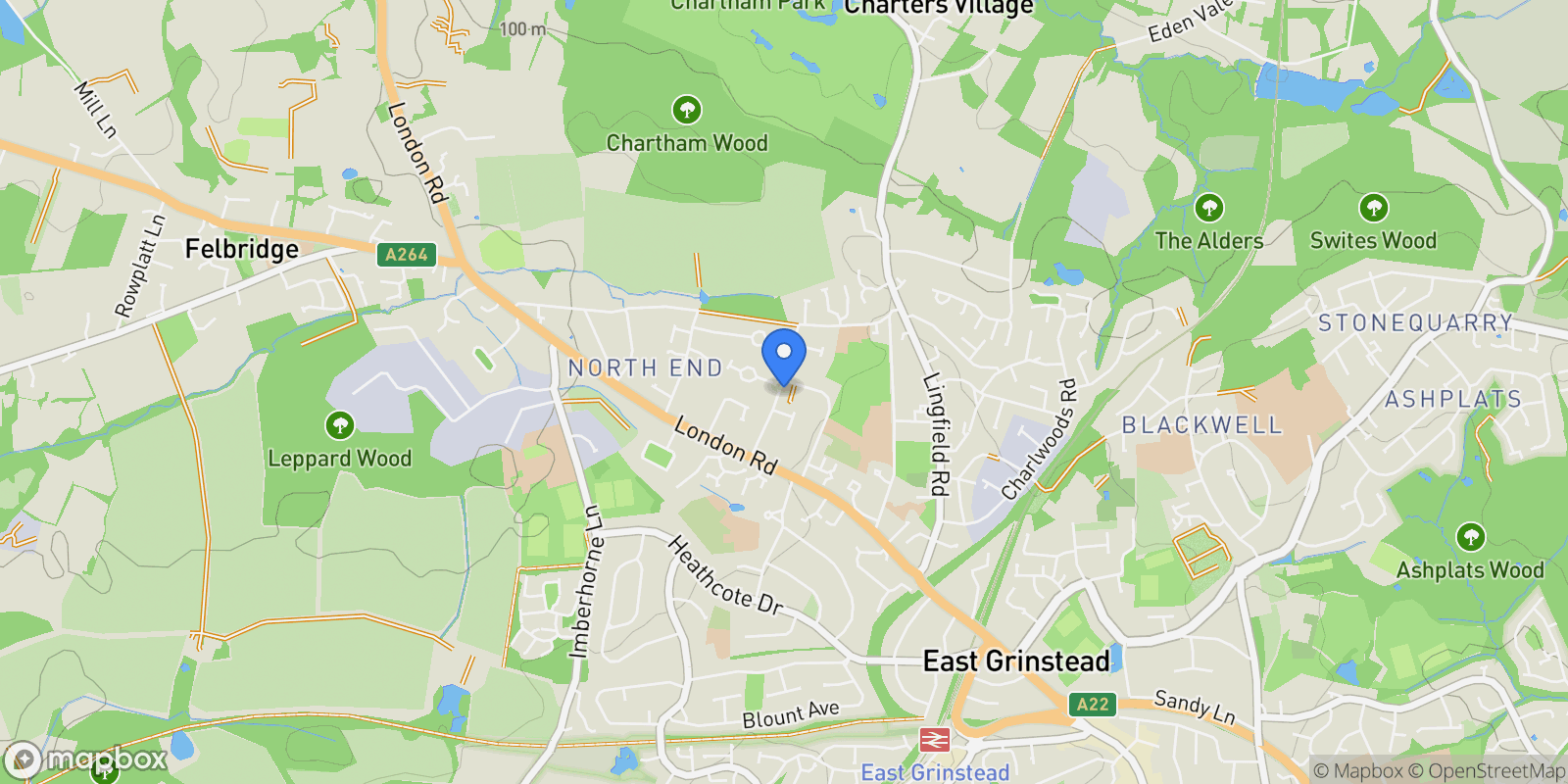 Map showing 22 Buckhurst Way, East Grinstead, RH19 2AF, East Grinstead, England, United Kingdom.