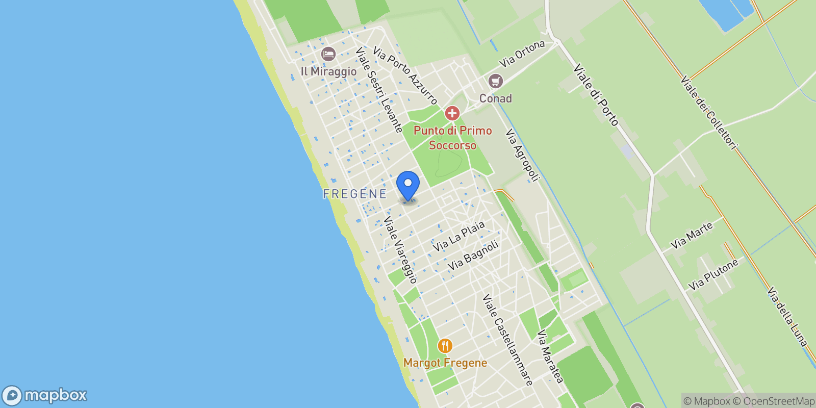 Map showing Via Rapallo, 48, 00054 Fregene RM, Italy, Fregenae, Lazio, Italy.