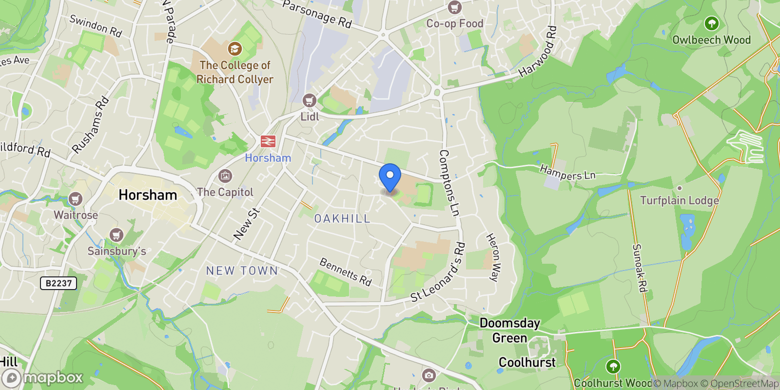 Map showing 15 Nightingales Close, Horsham, RH13 5LB, Horsham, England, United Kingdom.