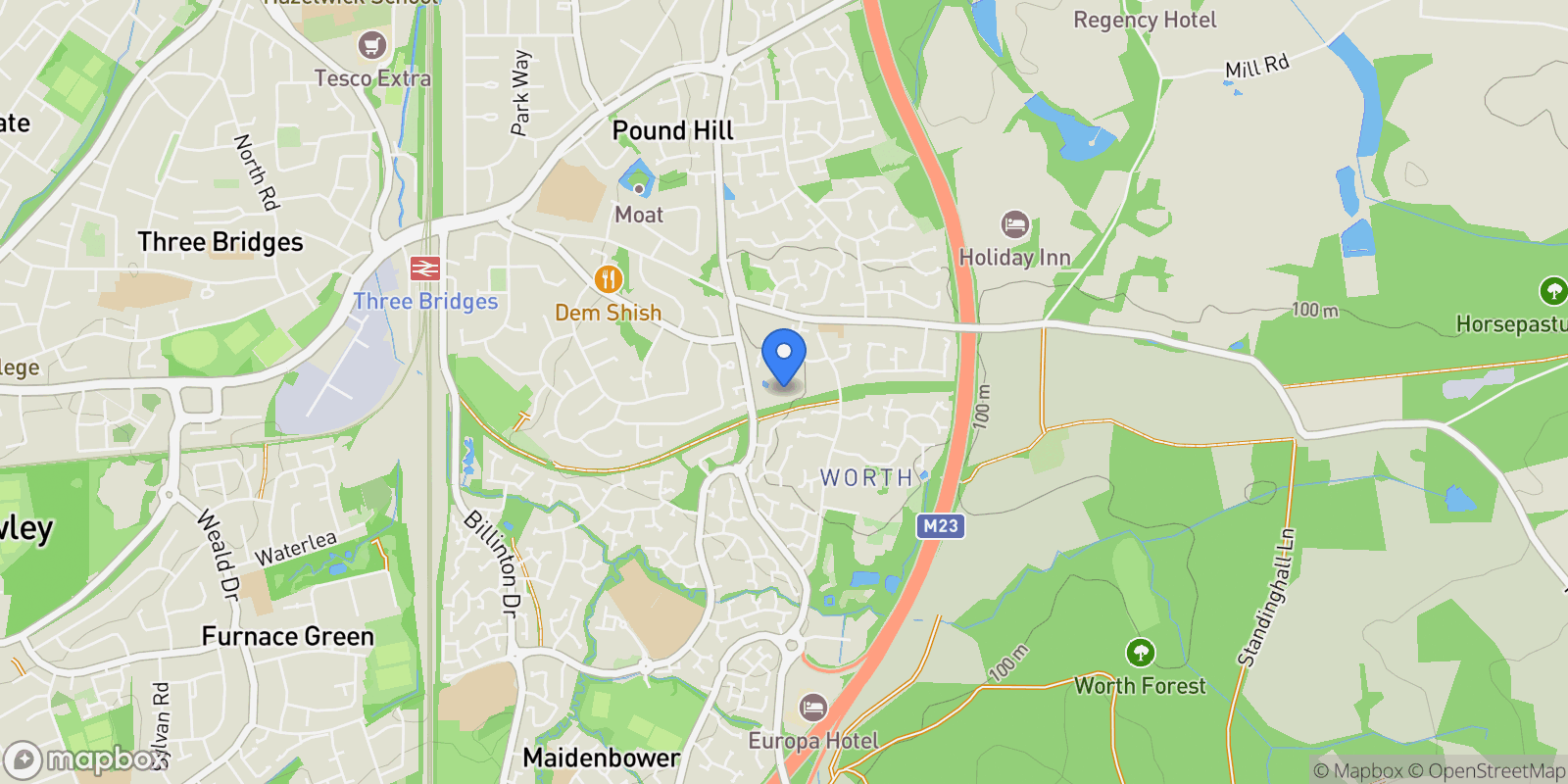 Map showing Forest Way Green Lane, Worth, Crawley, RH10 7RR, Crawley, England, United Kingdom.