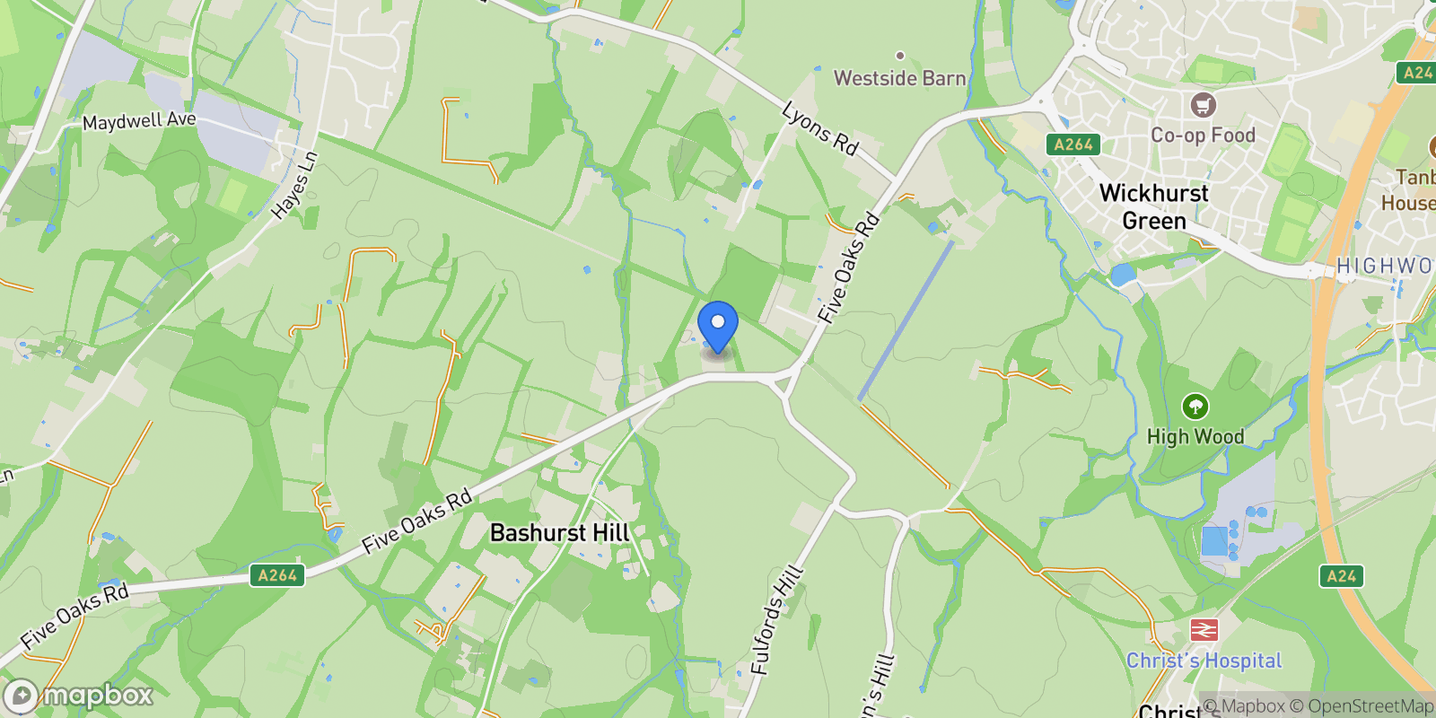 Map showing Twilight Five Oaks Road, Slinfold, Horsham, RH13 0RL, Horsham, England, United Kingdom.
