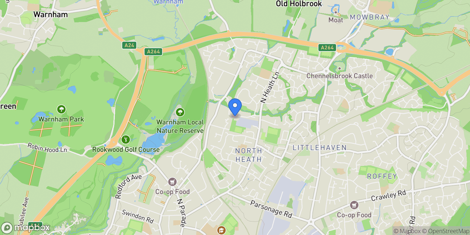 Map showing 1 Amundsen Road, Horsham, RH12 5GE, Horsham, England, United Kingdom.