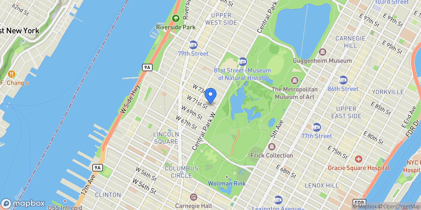 Map showing The Oliver Cromwell, 12 W 72ND ST, New York, New York, United States.