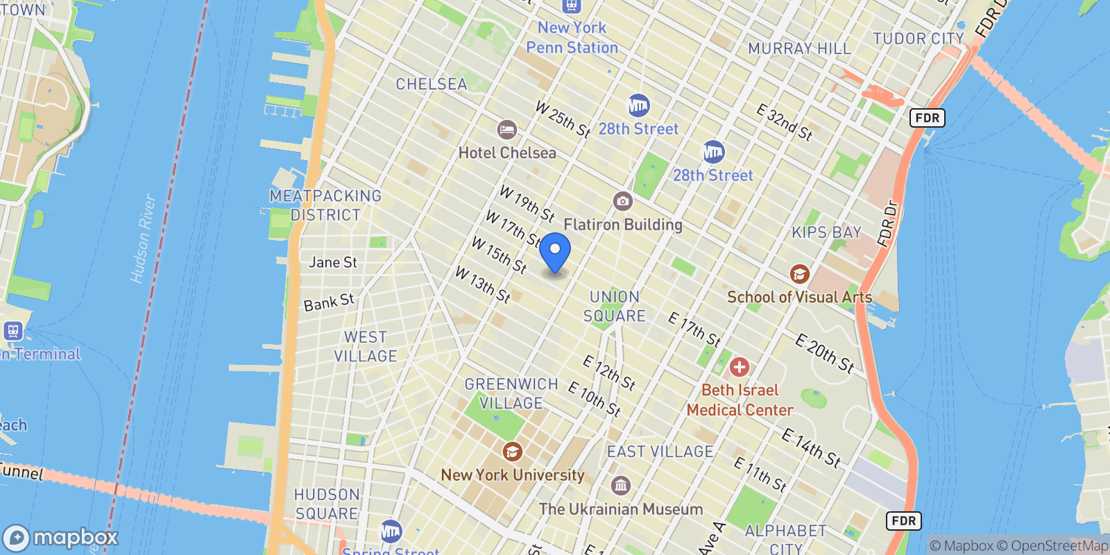 Map showing Chelsea Lane, 16 W 16TH ST, New York, New York, United States.