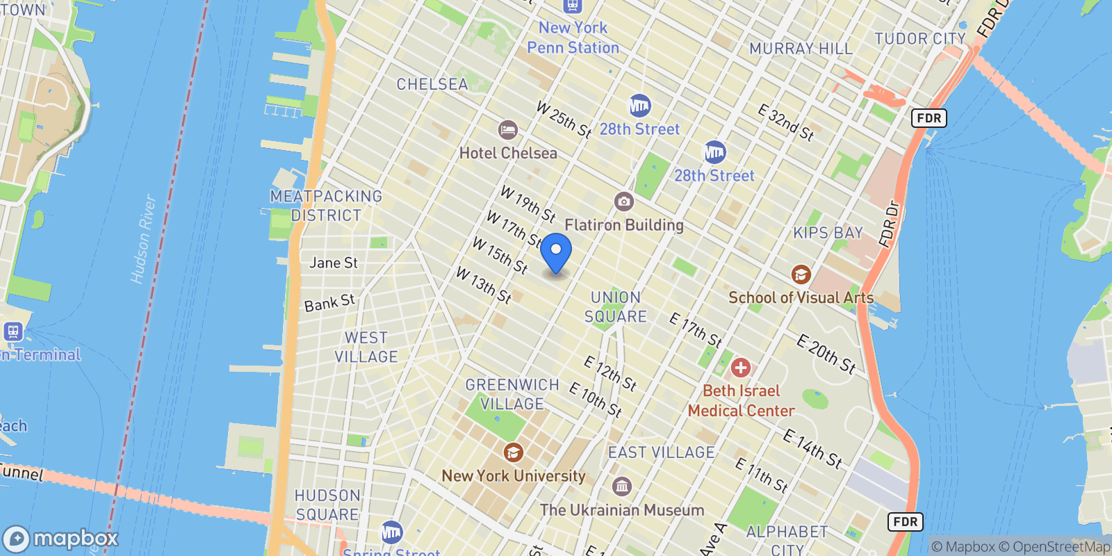 Map showing Chelsea Lane, 16 W 16TH ST, New York, New York, United States.