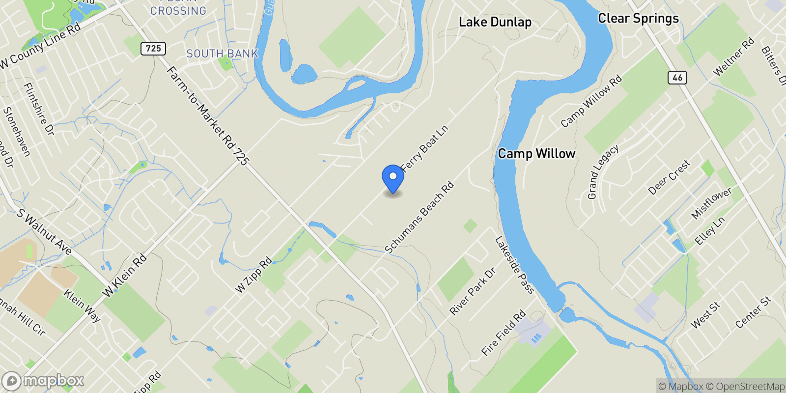 Map showing 330 Ferryboat Lane, New Braunfels, Texas, United States.