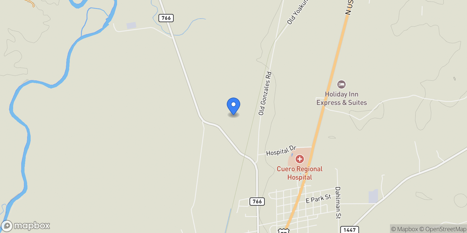 Map showing 383 Fm 766, Cuero, Texas, United States.