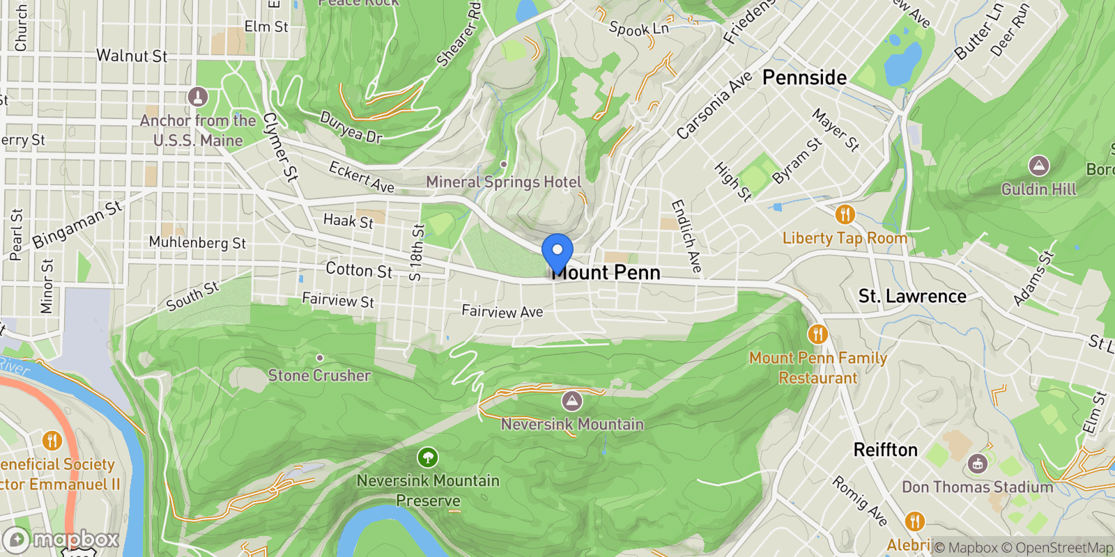 Map showing 2201 & 2207 Perkiomen Ave, Reading, PA 19606, Mount Penn, Pennsylvania, United States.