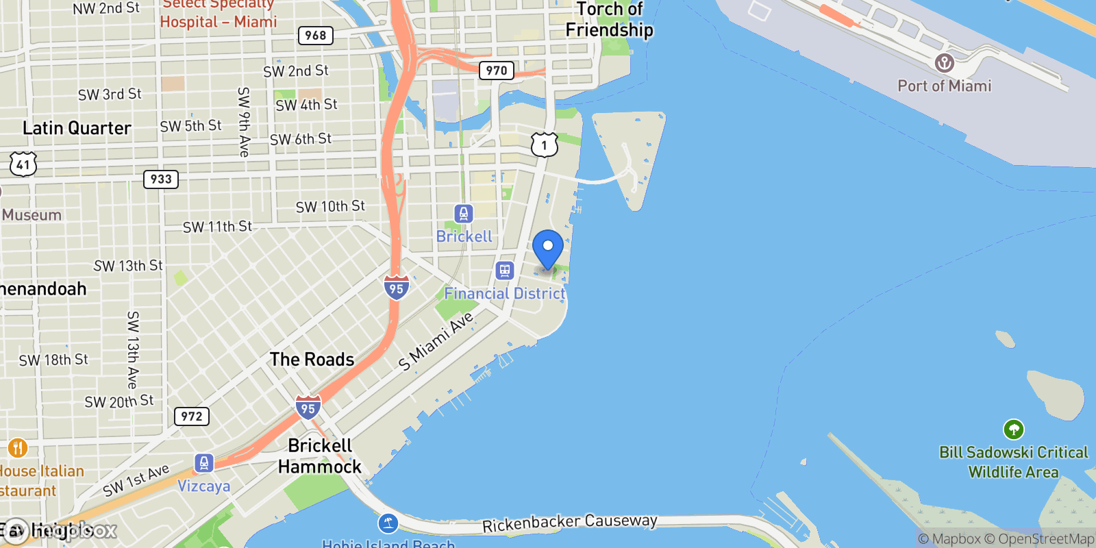 Map showing 1300 Brickell Bay Dr, #4400, Miami, Florida, United States.