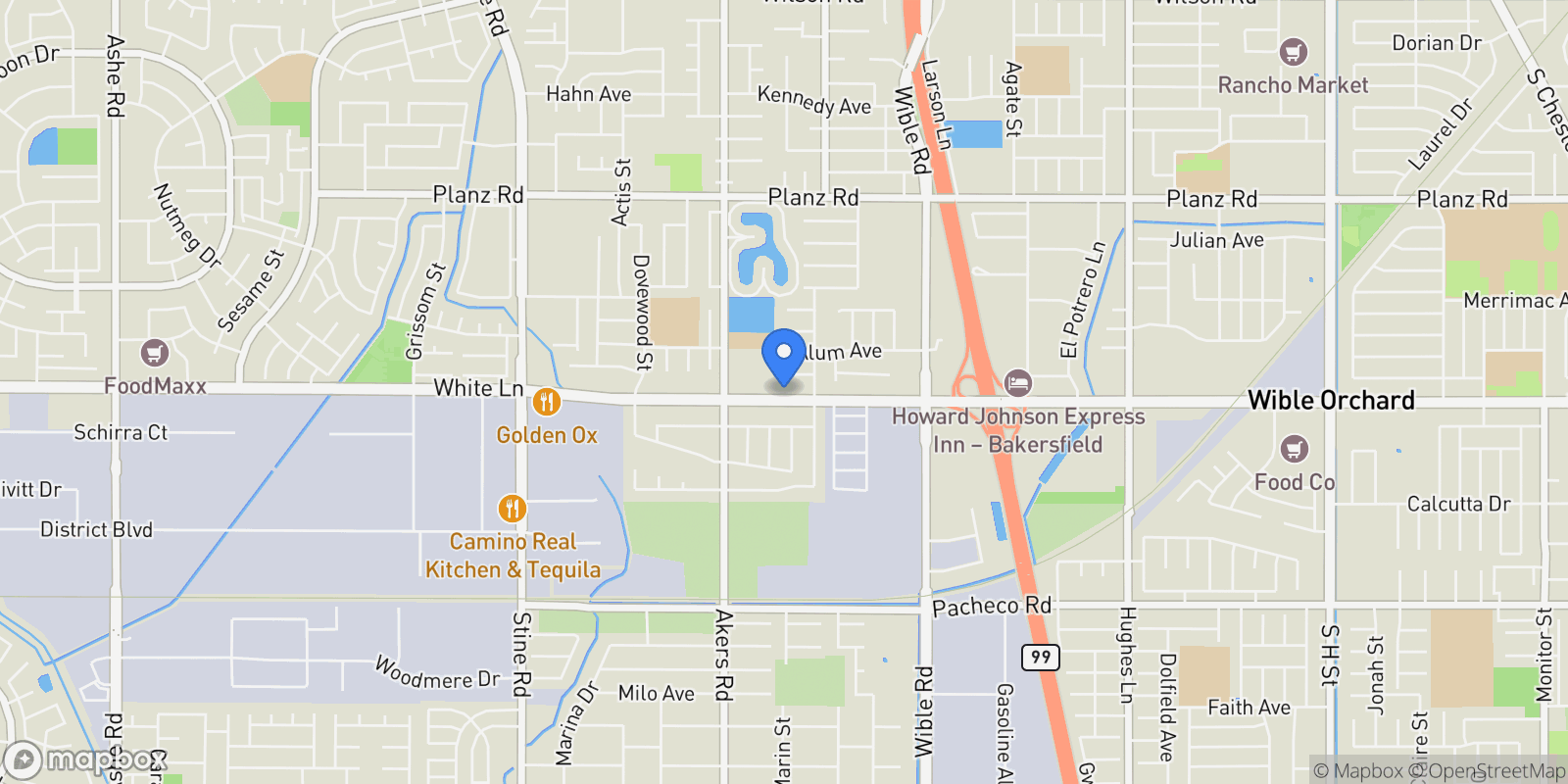 Map showing 3840 White Lane, Bakersfield, CA 93309, Bakersfield, California, United States.