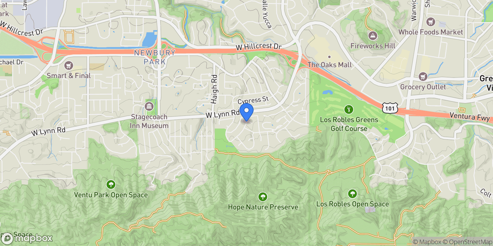 Map showing 214 Poplar Crest Avenue, Newbury Park, CA 91320, Thousand Oaks, California, United States.