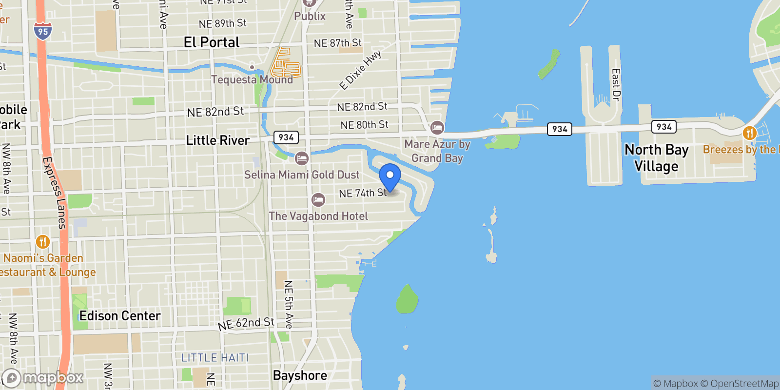 Map showing 930 NE 74th St, Miami, Florida, United States.