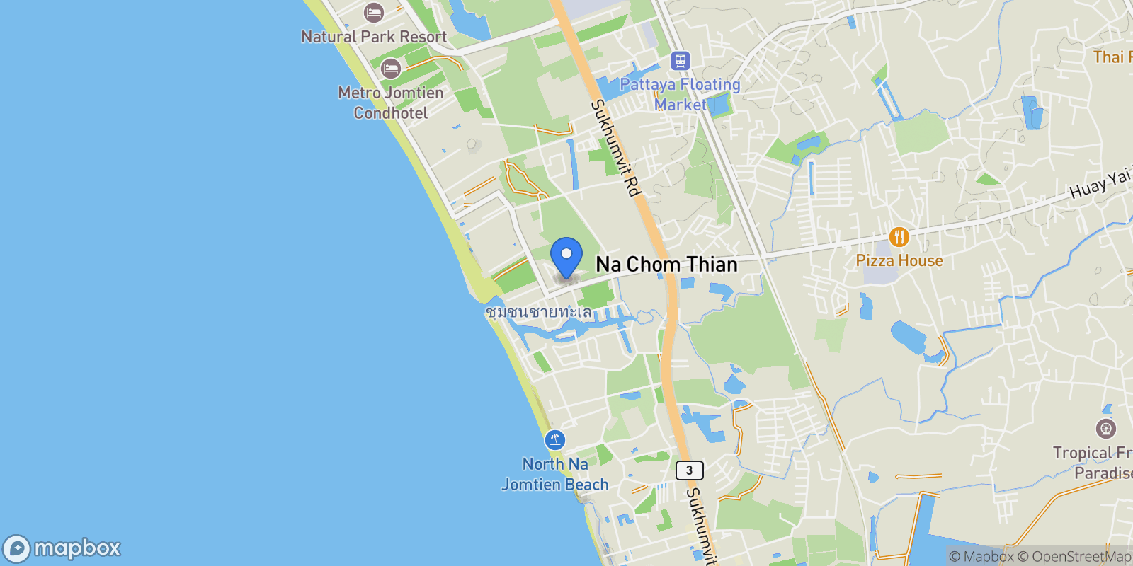 Map showing Nagawari (Nakawari) Village, Chon Buri, Na Chom Thian, Chon Buri, Thailand.