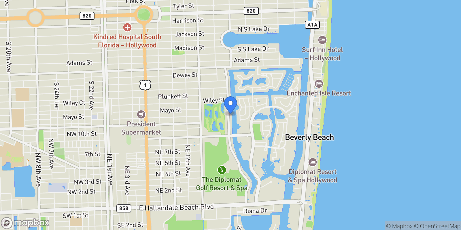 Map showing 1601 Diplomat Pkwy, Hollywood, Florida, United States.