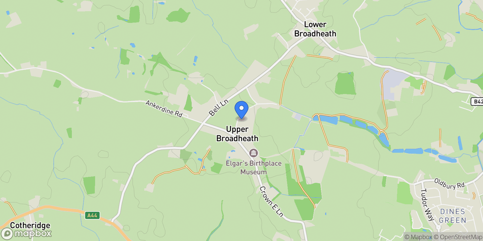 Map showing Broadheath Common, Lower Broadheath, Worcester, Worcestershire, Upper Broadheath, England, United Kingdom.