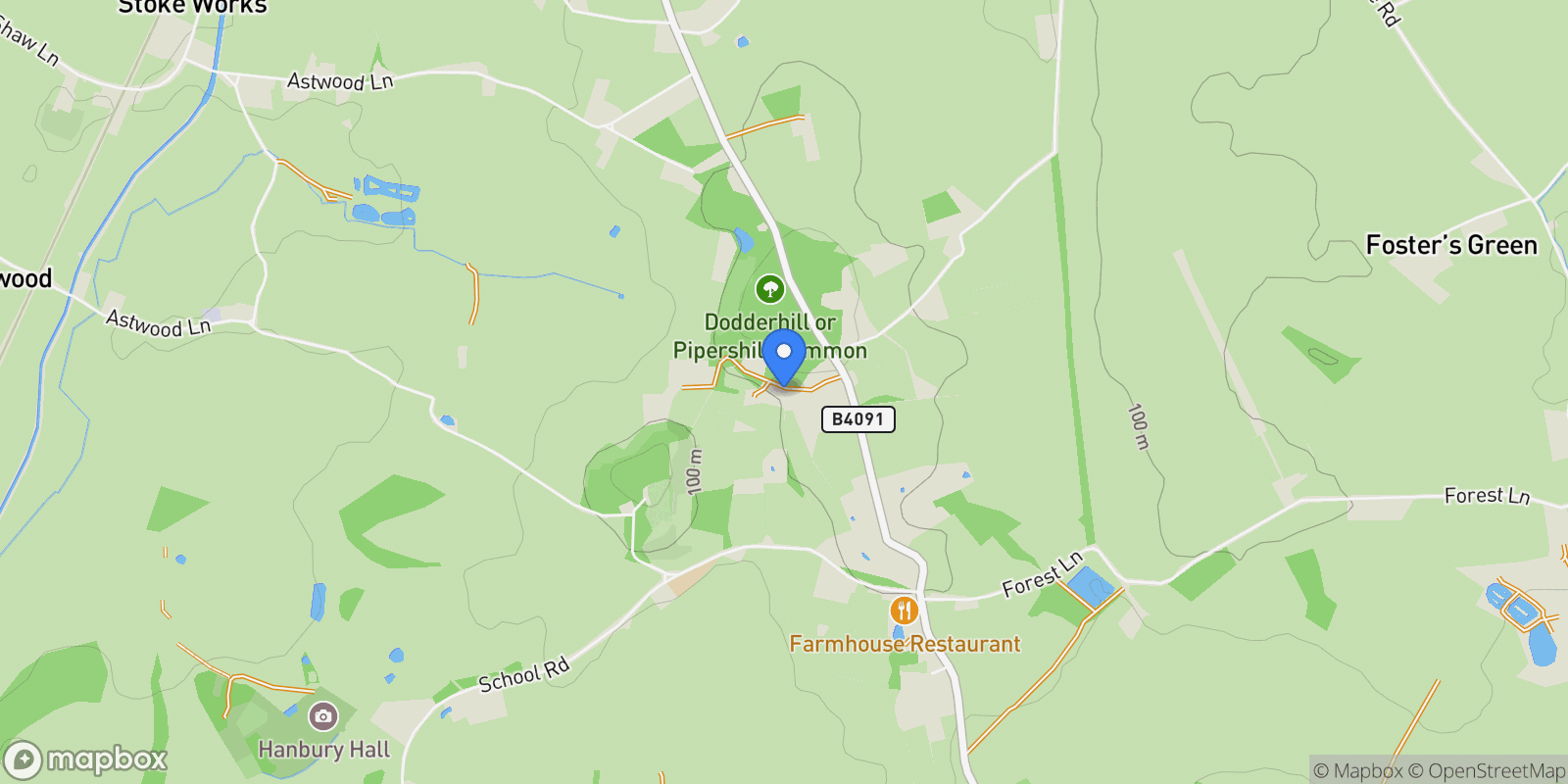 Map showing Dodderhill Common, Hanbury, Bromsgrove, Worcestershire, Hanbury, England, United Kingdom.