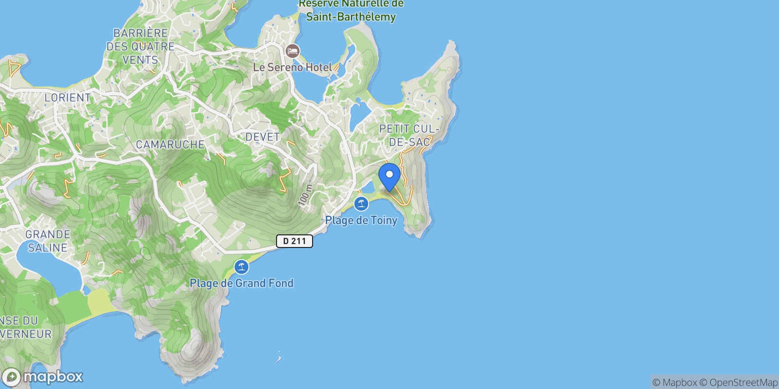 Map showing Toiny, Saint Barthélemy.