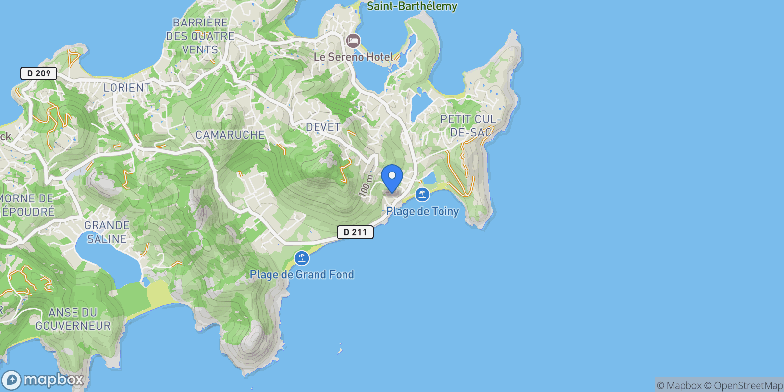 Map showing Toiny, Saint Barthélemy.