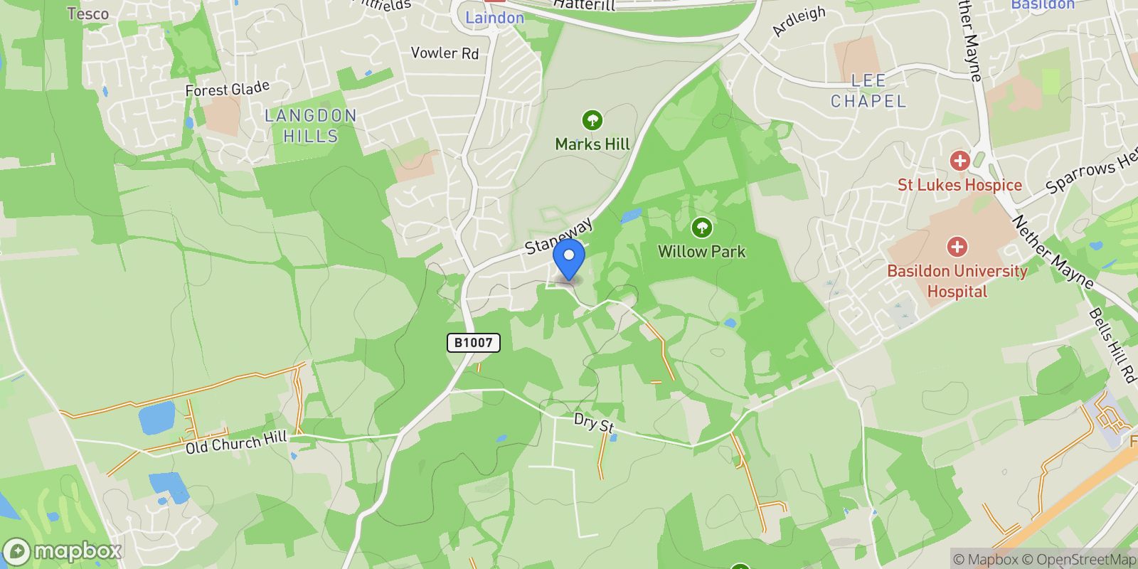 Map showing Homestead Drive, Basildon, Langdon Hills, England, United Kingdom.