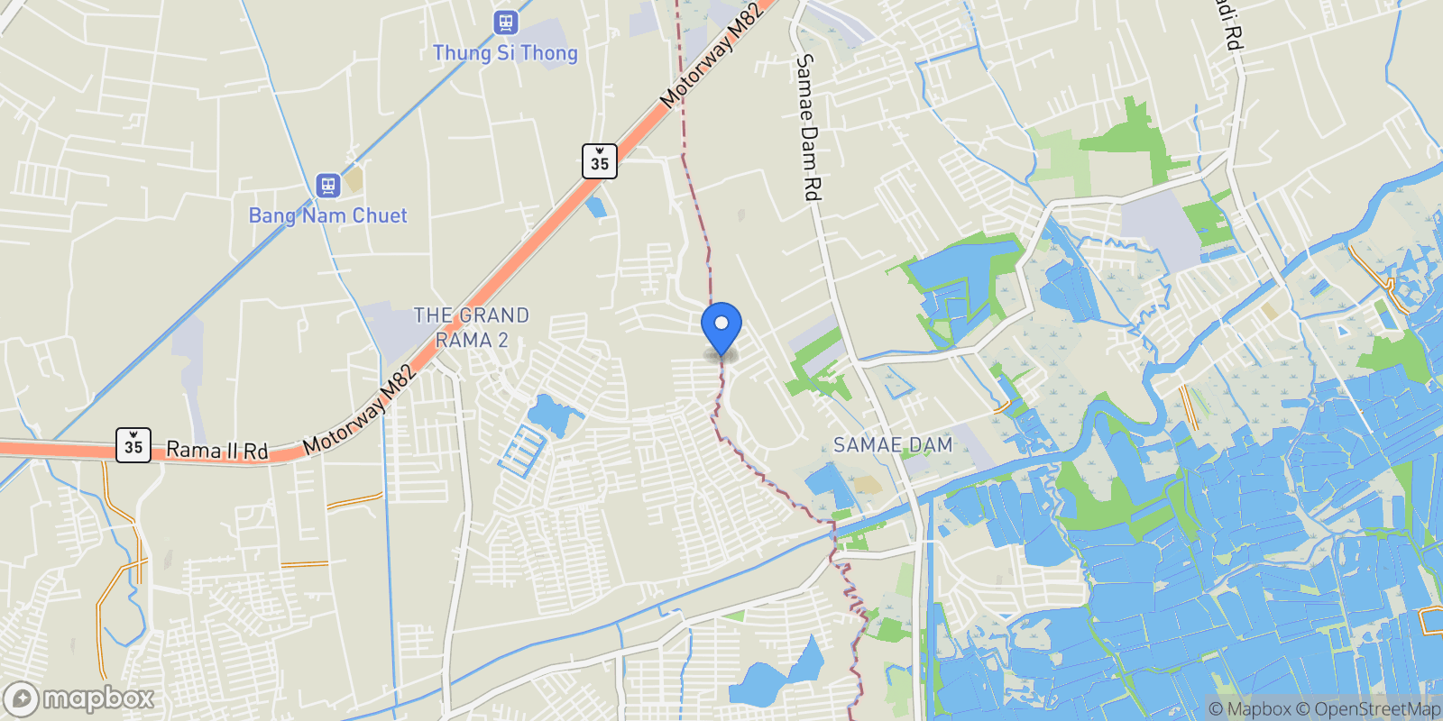 Map showing Bangkok,, Phanthai Norasing, Samut Sakhon, Thailand.