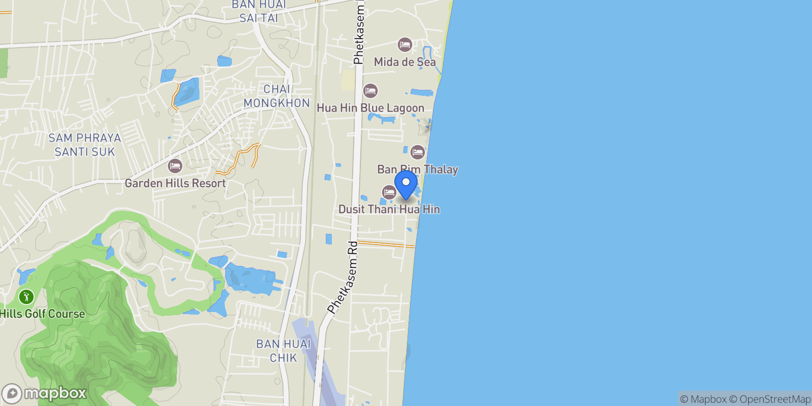 Map showing Prachuap Khiri Khan,, Cha-am, Phetchaburi, Thailand.