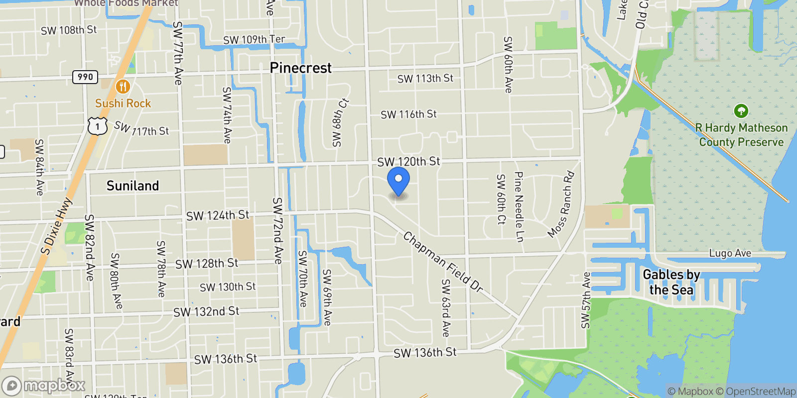 Map showing 6495 SW 123rd Ter, Coral Gables, Florida, United States.