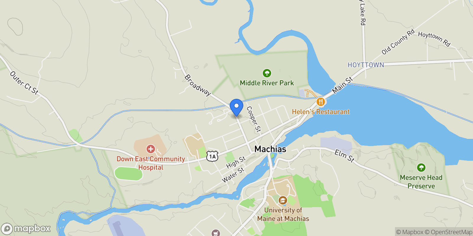 Map showing 44 Broadway Street, Machias, ME 04654, Roque Bluffs, Maine, United States.