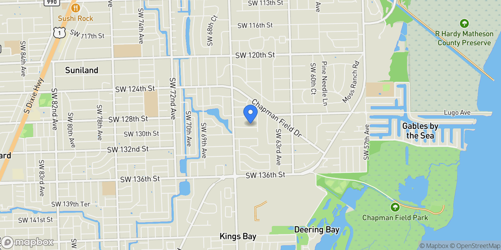 Map showing 6445 SW 129th Ter, Coral Gables, Florida, United States.