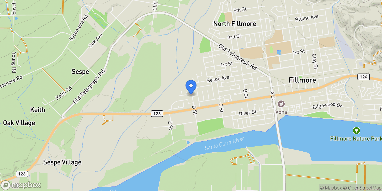 Map showing 1306 Bluejay Street Street, Fillmore, CA 93015, Fillmore, California, United States.