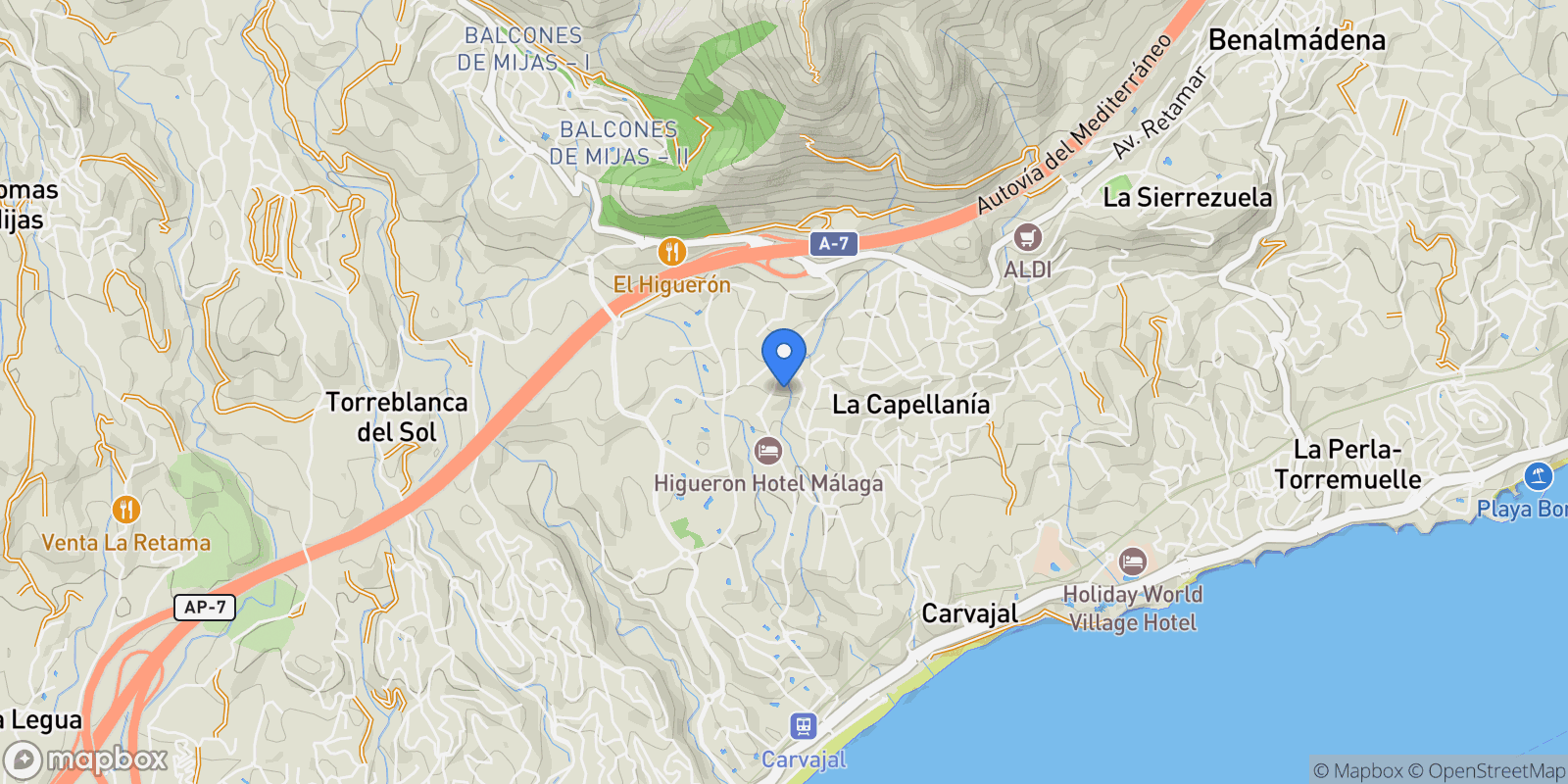 Map showing del Higueron, Málaga, La Capellania, Benalmadena, Andalusia.