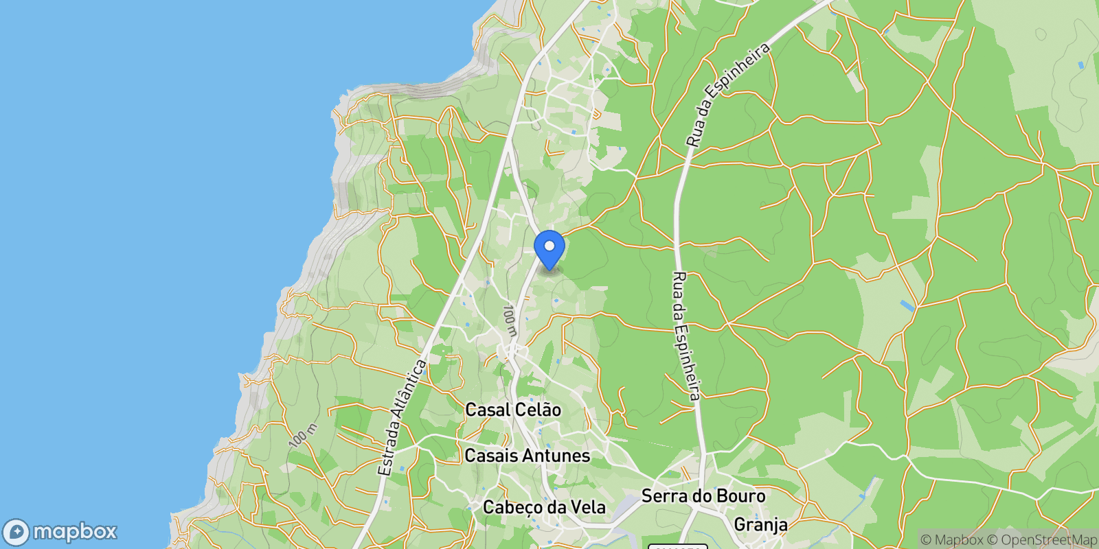 Map showing Rua das Laranjeiras, Santo Onofre e Serra do Bouro, Leiria District, Portugal.