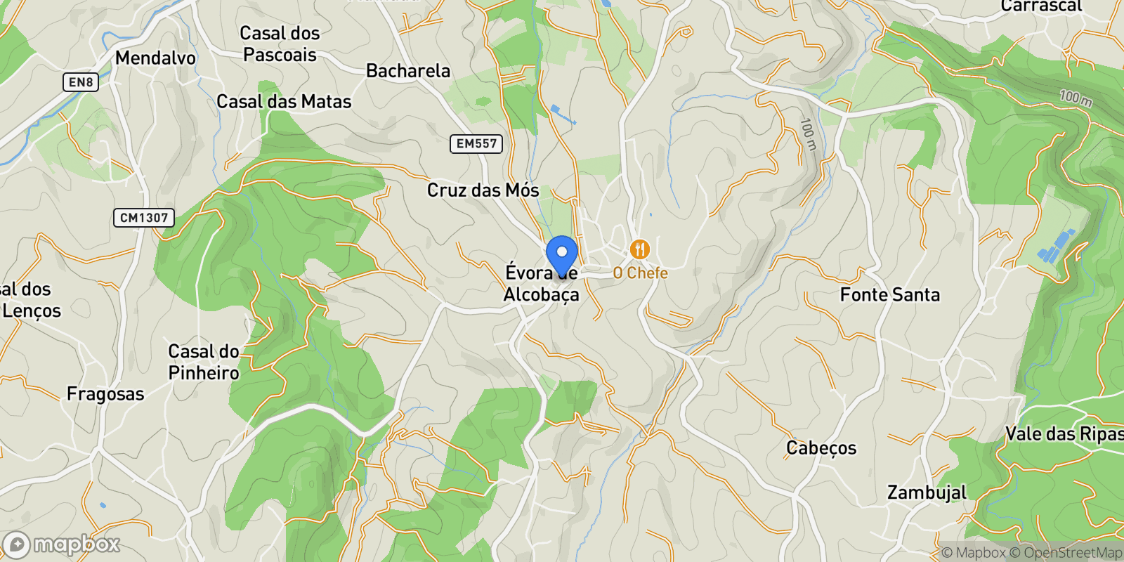 Map showing Évora de Alcobaça, Portugal, Evora de Alcobaca, Leiria District, Portugal.