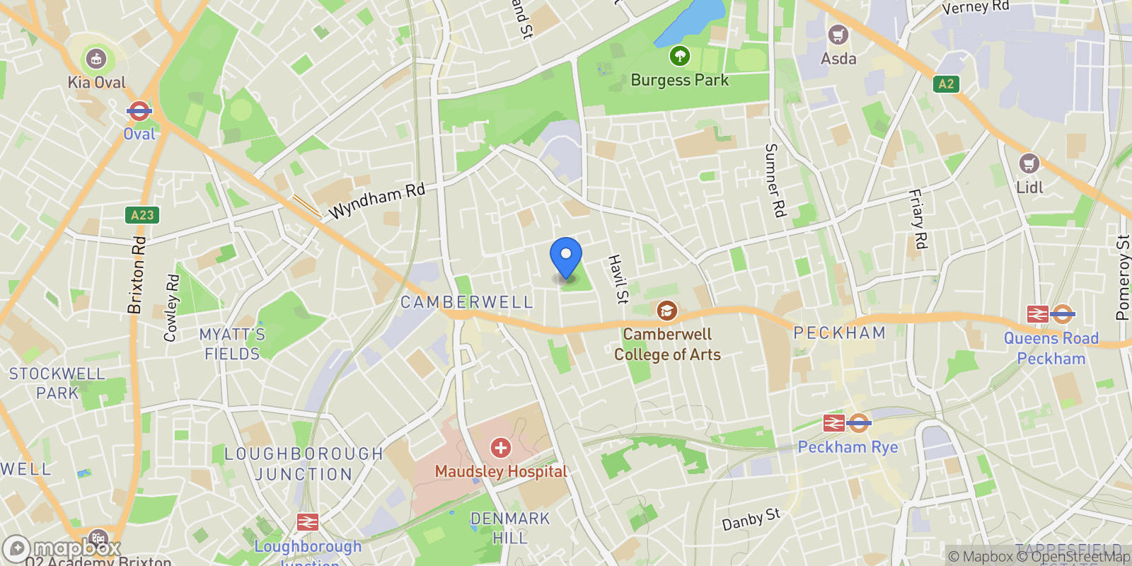 Map showing Camberwell Grove, Camberwell, SE5, Camberwell, England, United Kingdom.