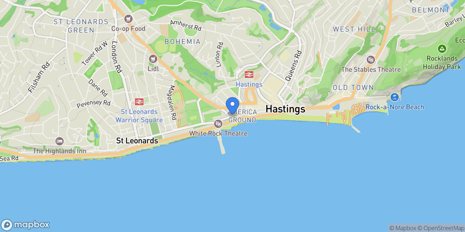 Map showing White Rock Gardens, Hastings, England, United Kingdom.