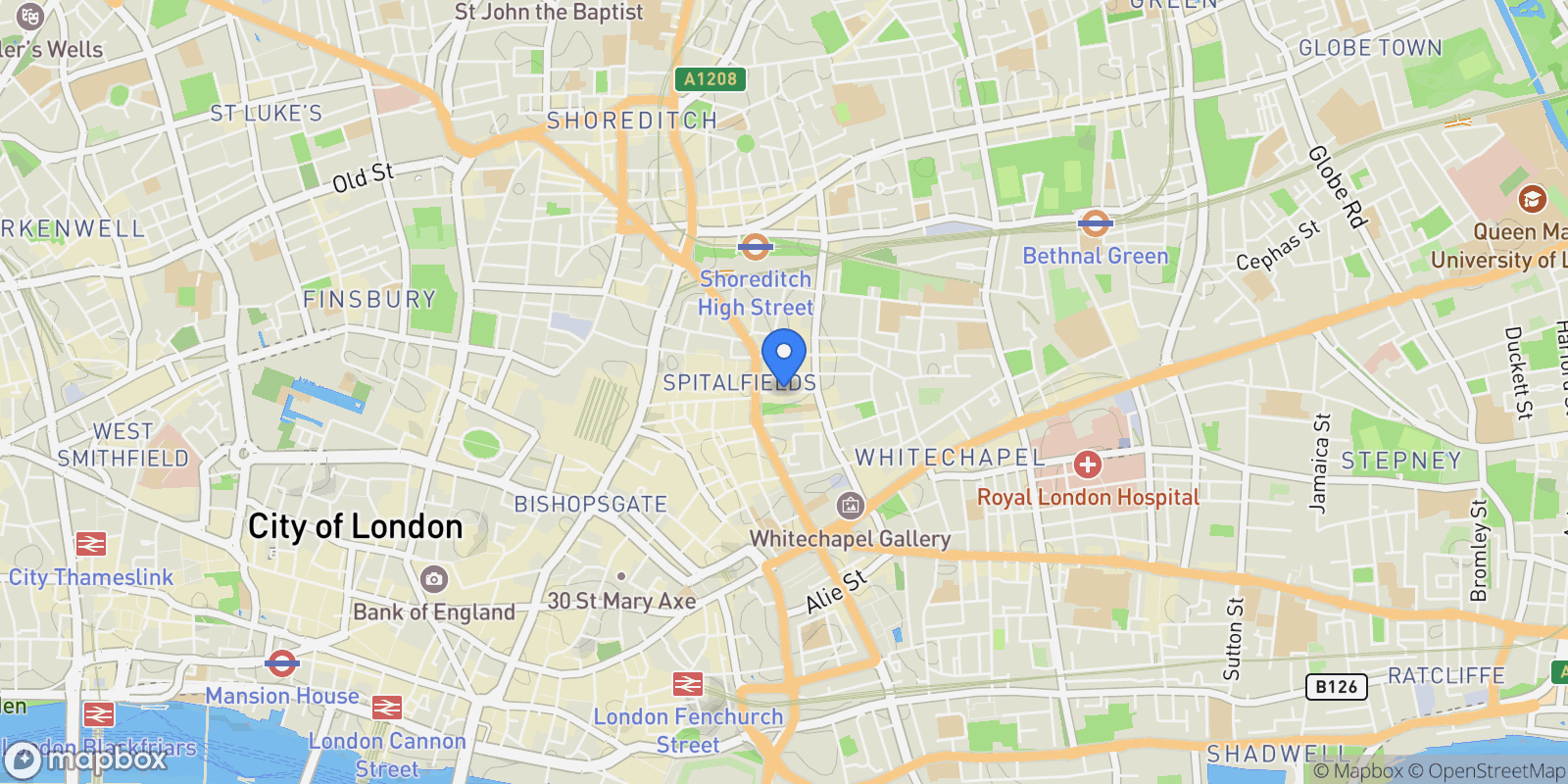 Map showing Fournier Street, London, England, United Kingdom.
