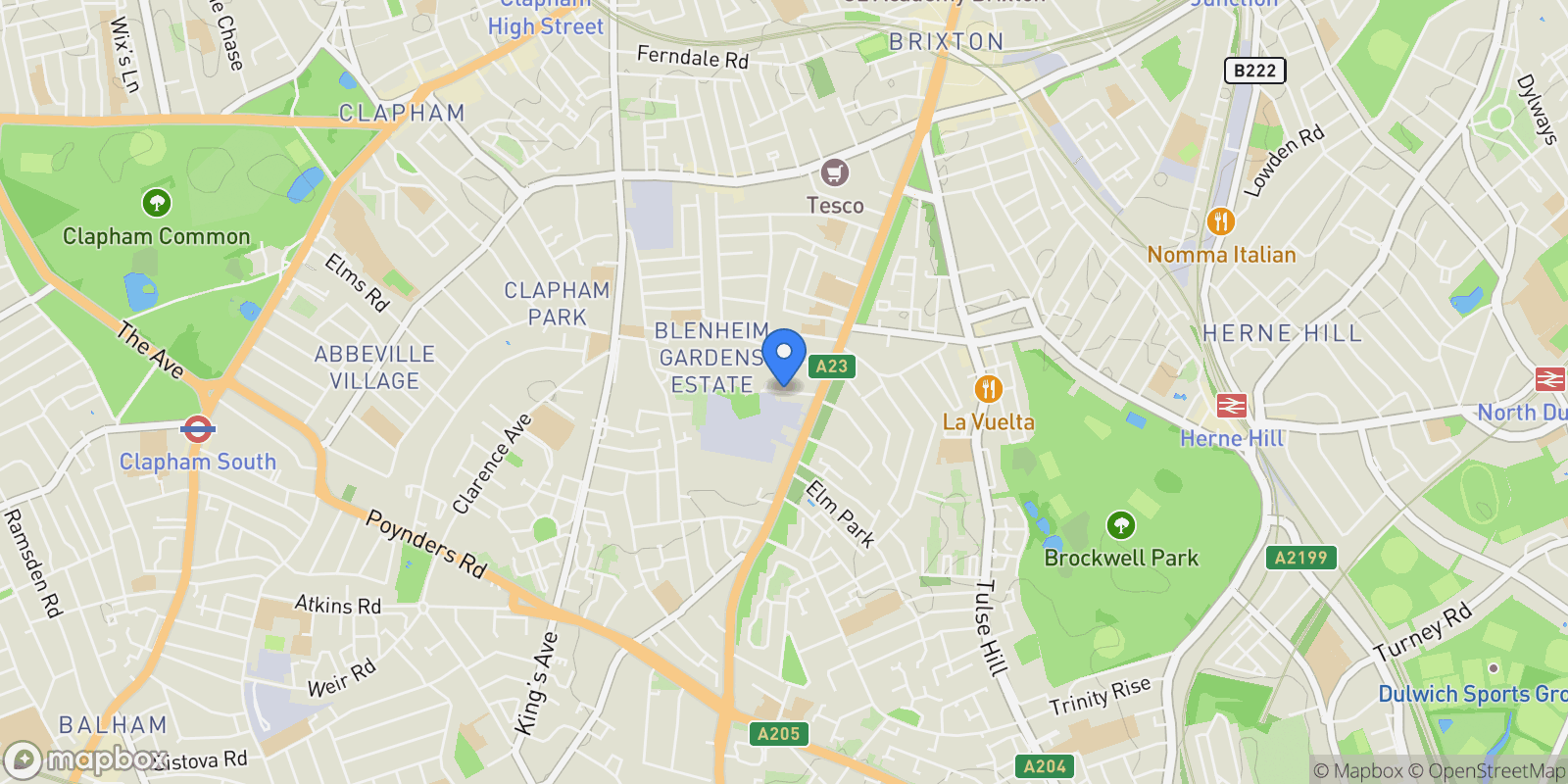 Map showing Blenheim Gardens, London, England, United Kingdom.