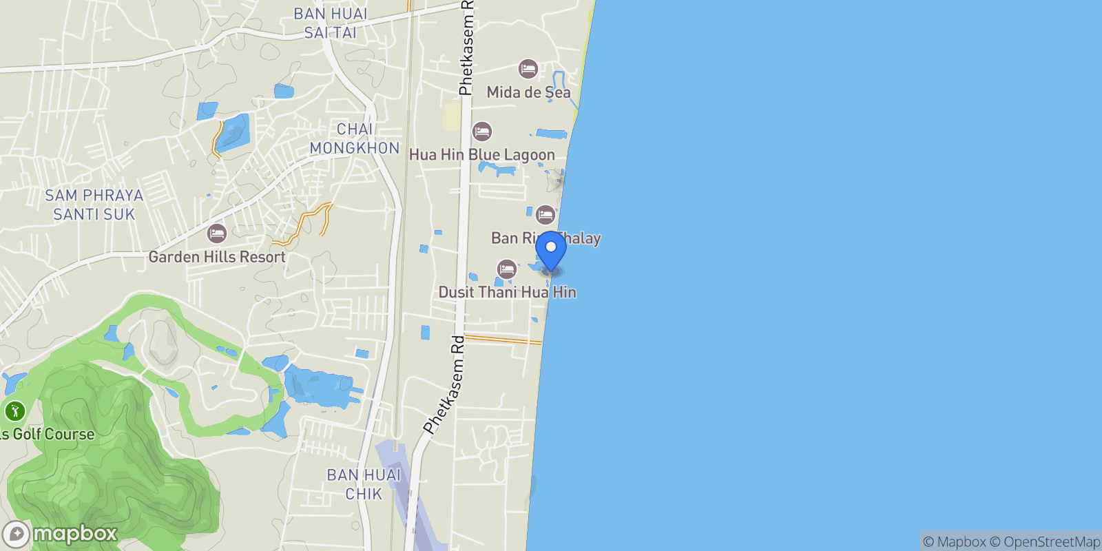 Map showing Prachuap Khiri Khan,, Cha-am, Phetchaburi, Thailand.