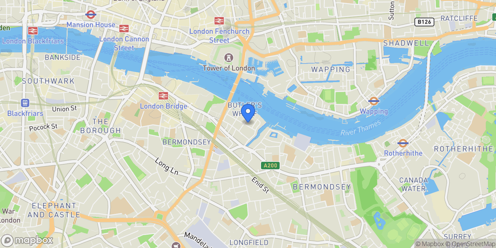 Map showing Butlers & Colonial Wharf, London, England, United Kingdom.