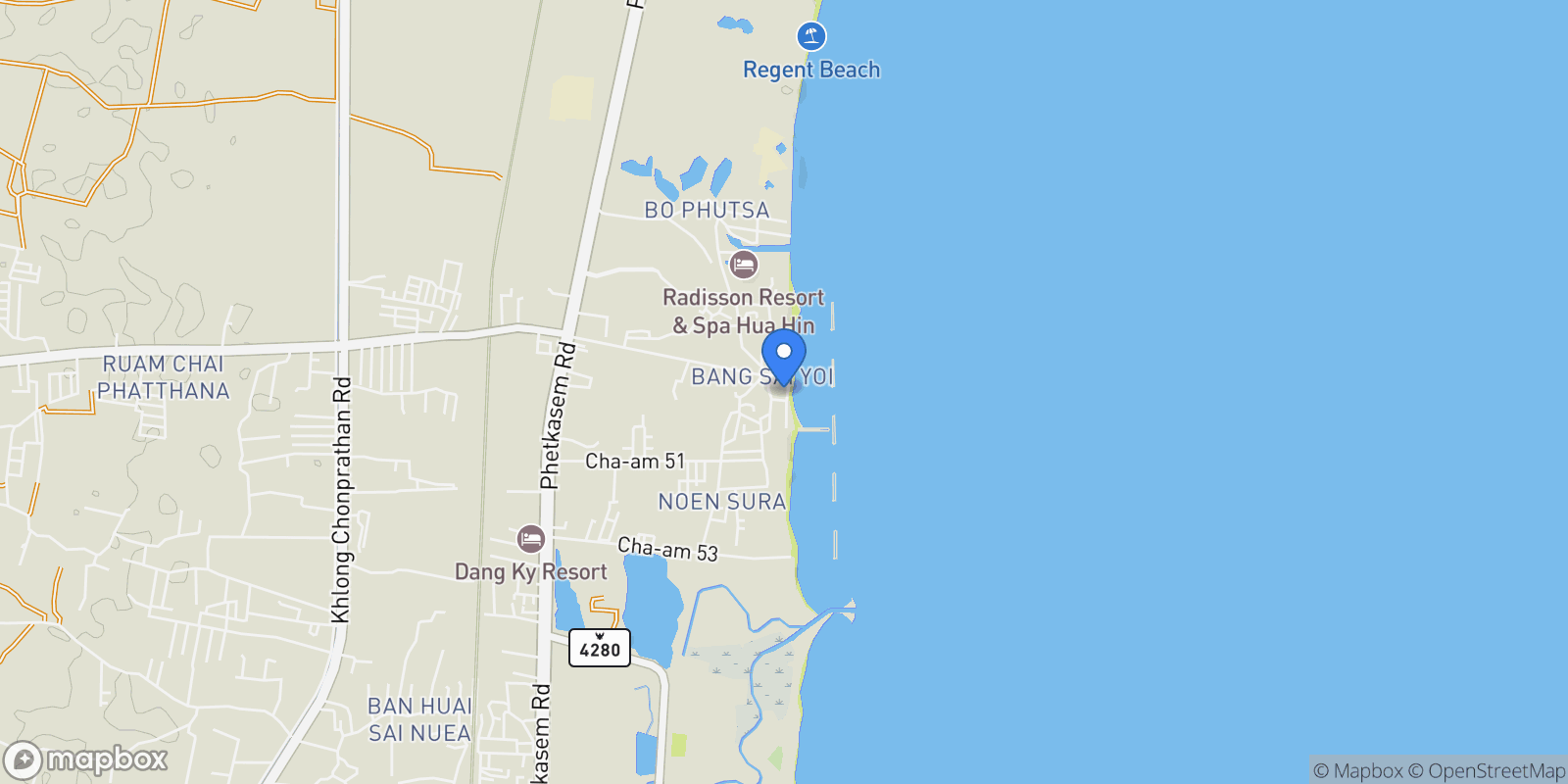 Map showing Prachuap Khiri Khan,, Cha-am, Phetchaburi, Thailand.