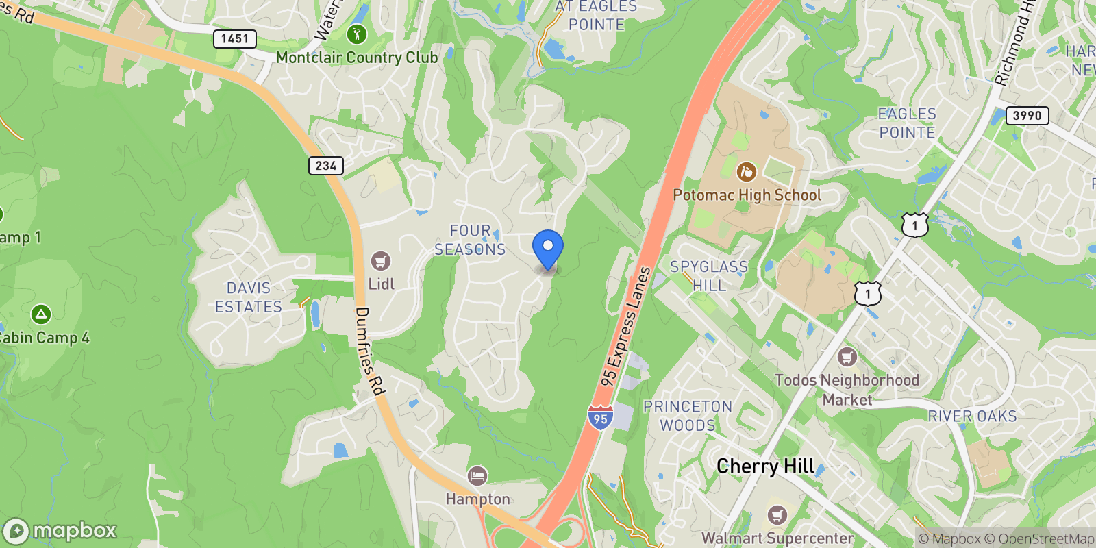 Map showing 17251 Four Seasons Drive, Dumfries, VA 22025, Dumfries, Virginia, United States.